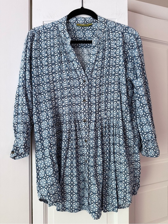 Rock Flower Paper Tops - Rock Flower Paper Blue White Tile Print Rayon Tunic Blouse M Boho